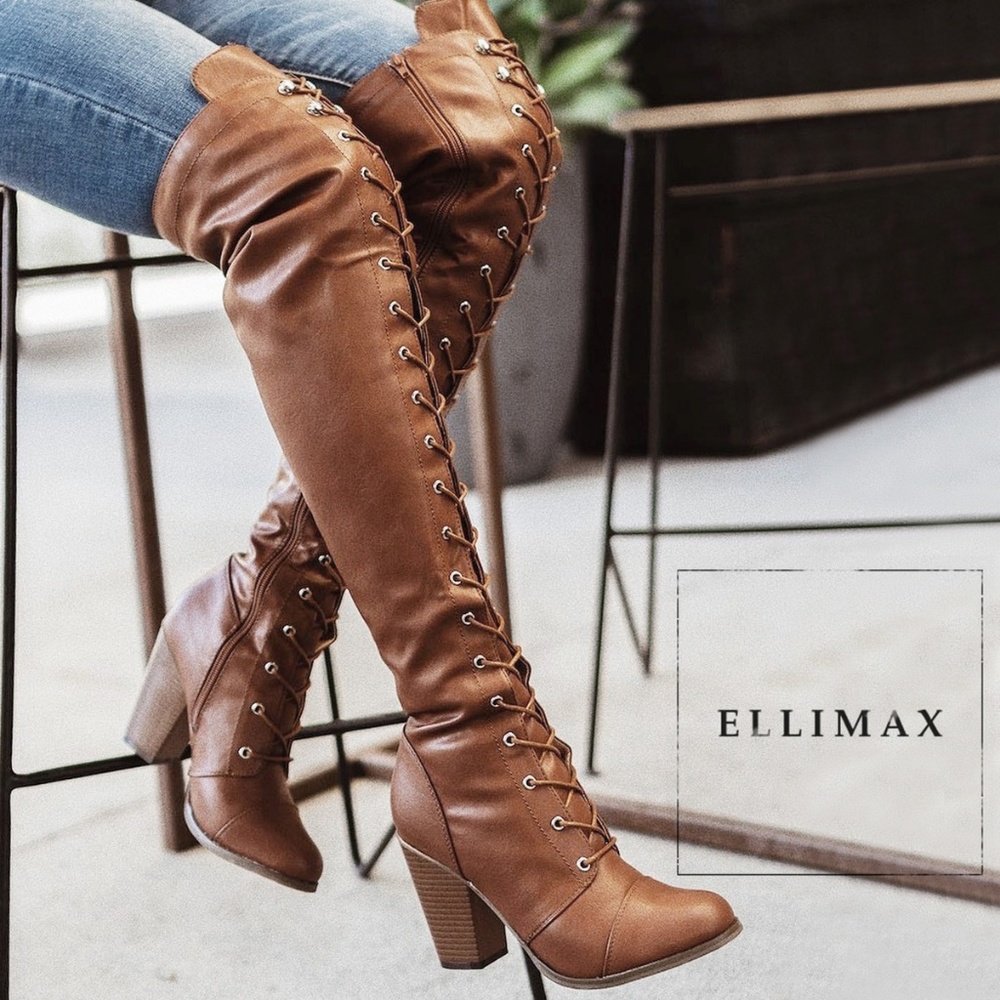 NEWš„ Distressed Tan Over The Knee Boot Lace-Up Wood-Like Block Chunky High Heel - Picture 1 of 4